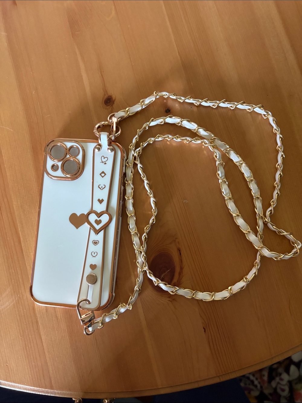 White and Rose Gold Heart Strap Phone Crossbody Case for IPHONE 15